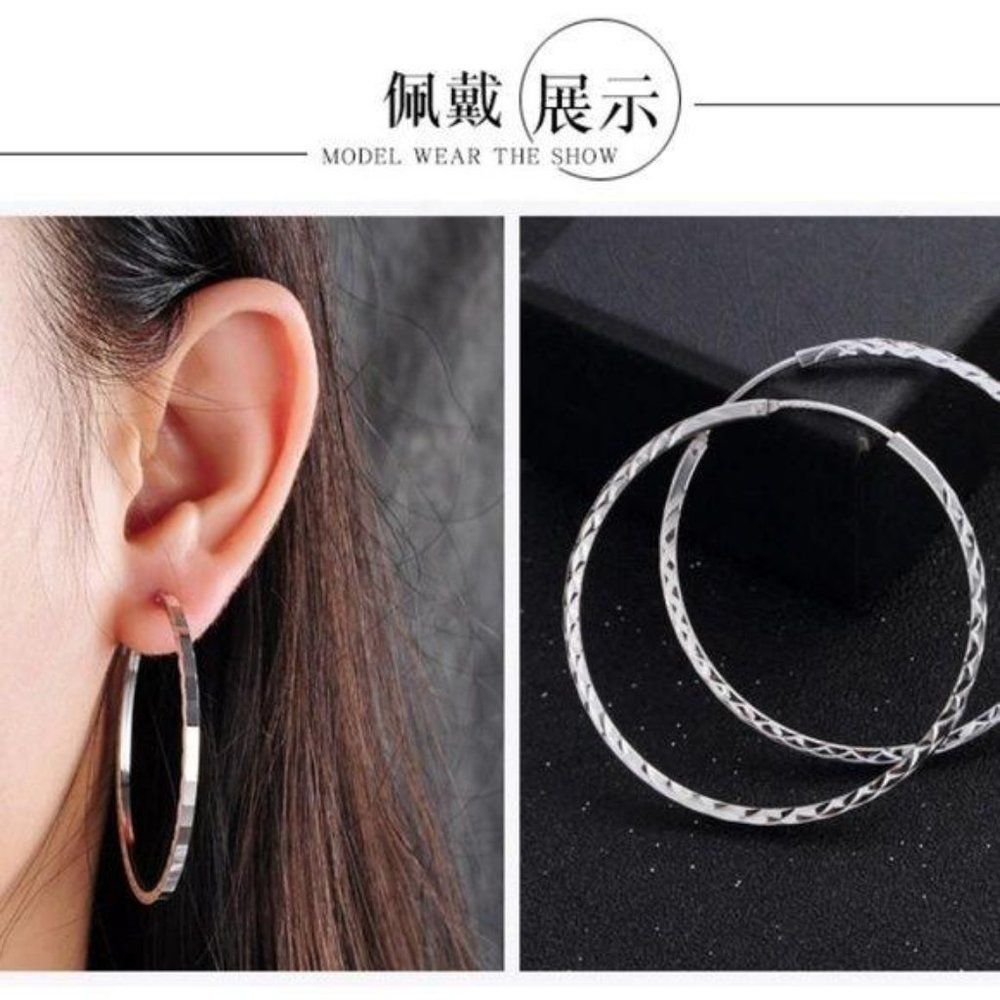 925 Solid Wire Multi-Surface Cut Hoops Earring